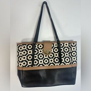Stylish Spartina 449 Black, White, and Tan Leather and Textile Tote Bag